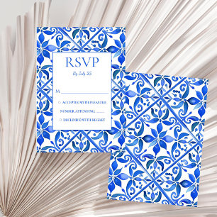Blauwe Talavera tegels vintage Mexicaanse bruiloft RSVP Kaartje