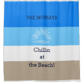 Blauwe Tan en witte strepen Familie Beach House Douchegordijn (Voorkant)