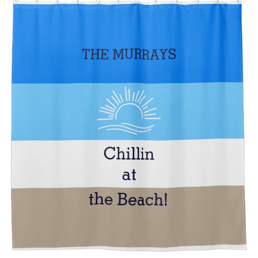 Blauwe Tan en witte strepen Familie Beach House Douchegordijn (Voorkant)