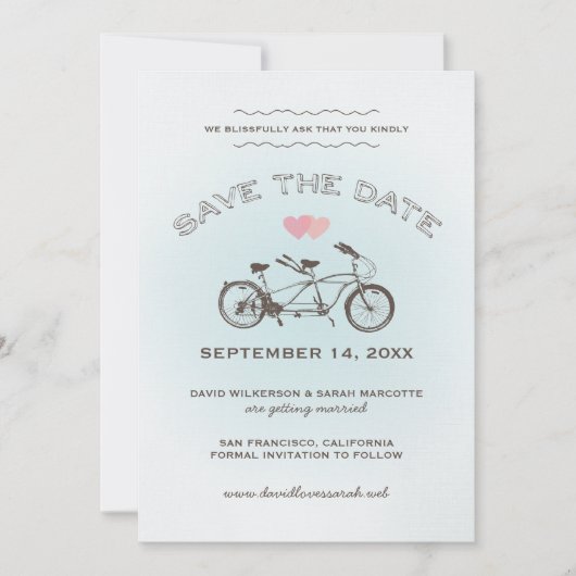 Blauwe Tandem Fiets Save The Date Aankondiging (Voorkant)