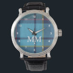 Blauwe tartaanpleistermonogrammen horloge<br><div class="desc">Personaliseer eenvoudig dit traditionele blauw  Schotse tartan plaid ontwerp met uw monogram naam initialen. Klik op Aanpassen om de tekstgrootte of het lettertype aan te passen. Bewaar of verwijder de cijfers / cijfers. Kies uit een reeks mannen's of kinderen.</div>
