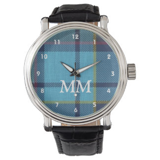 Blauwe tartaanpleistermonogrammen horloge