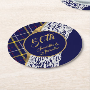 Blauwe tartan bruiloft ronde kartonnen onderzetter