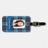 Blauwe tartan foto sjabloon bagagelabel (Voorkant horizontaal)