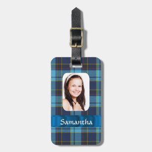 Blauwe tartan foto sjabloon bagagelabel