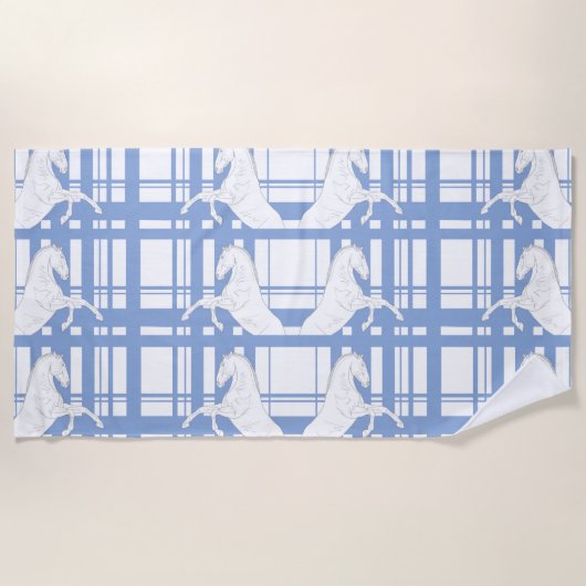 Blauwe Tartan Paarden Strandlaken (Voorkant)