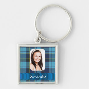 Blauwe tartan plaid foto sjabloon sleutelhanger