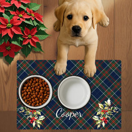 Blauwe tartan Plaid Kerst Holly Naam hond Gelamineerde Placemat