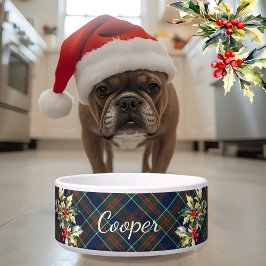 Blauwe tartan Plaid Kerst Holly Naam hond Voerbakje