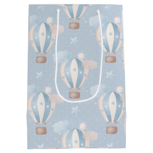 Blauwe Taupe luchtballonnen sterren wolken jongens Medium Cadeauzakje (Achterkant)