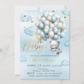Blauwe Teddbeer Wolken Sterren Ballon Baby Shower Kaart (Voorkant)