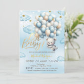 Blauwe Teddbeer Wolken Sterren Ballon Baby Shower Kaart (Staand voorkant)