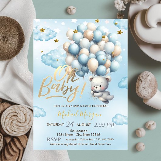 Blauwe Teddbeer Wolken Sterren Ballon Baby Shower Kaart