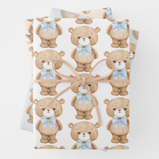 Blauwe Teddy Bear met een ballonjongetje van 1 sep Inpakpapier Vel (In situ)