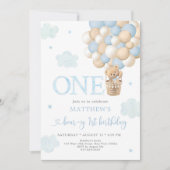 Blauwe Teddy Beer Ballon Beer Eerste Verjaardag Kaart (Voorkant)