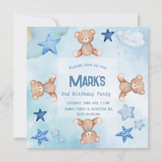 Blauwe teddy draagt schattige uitnodiging van de B (Voorkant)