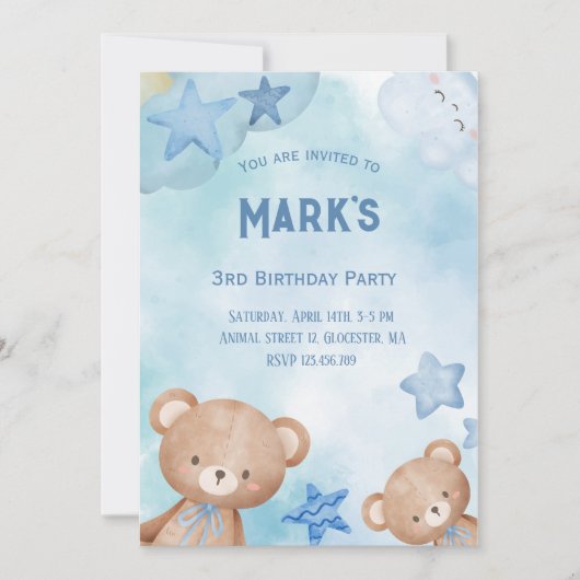 Blauwe teddy draagt uitnodiging van Birthday (Voorkant)