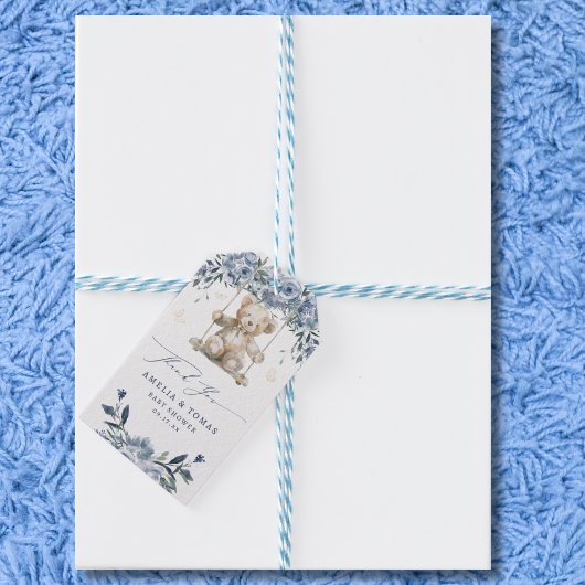 Blauwe Teddy Schommel Baby Shower Bedankt Cadeaulabel