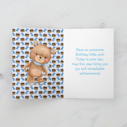blauwe teddyballonkaart voor 1 verjaardag kaart (Binnen)
