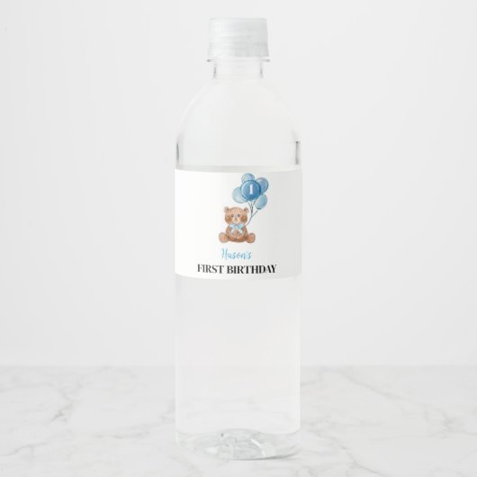 Blauwe Teddybeer 1e Verjaardag Water Fles Label Waterfles Etiket (Voorkant)
