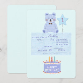 Blauwe Teddybeer 1e verjaardagsuitnodiging - Aanpa Kaart