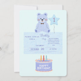 Blauwe Teddybeer 1e verjaardagsuitnodiging - Aanpa Kaart