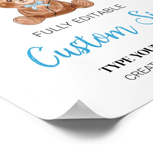 Blauwe Teddybeer Aangepaste Tafelteken Verjaardag Poster (Hoek)