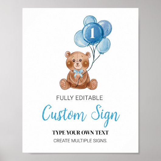Blauwe Teddybeer Aangepaste Tafelteken Verjaardag Poster (Voorkant)