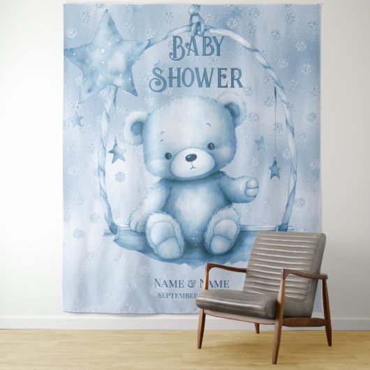 Blauwe teddybeer achtergrond wandkleed (In situ)