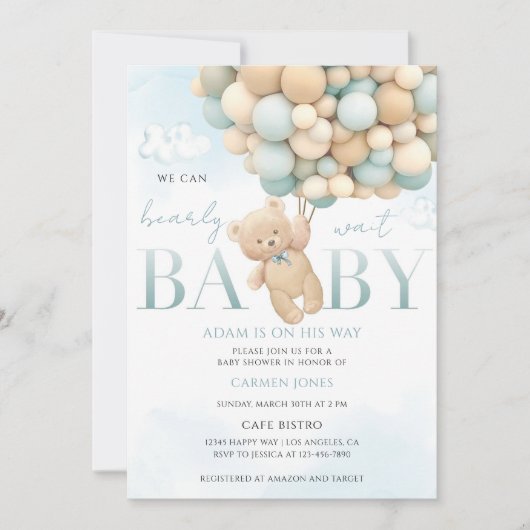 Blauwe Teddybeer Baby Shower Kaart (Voorkant)