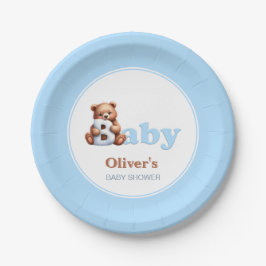 Blauwe Teddybeer Baby Shower Papieren Bordje