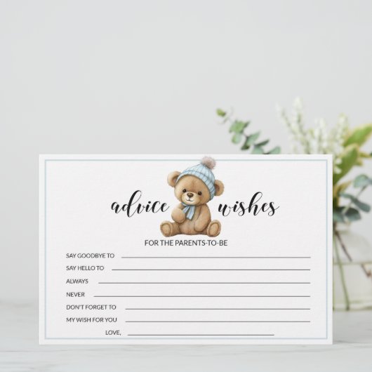 Blauwe teddybeer baby shower raad wenst kaarten (Staand voorkant)