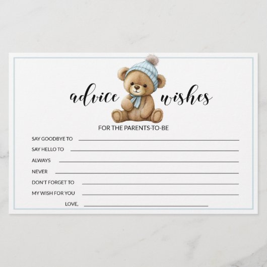 Blauwe teddybeer baby shower raad wenst kaarten (Voorkant)