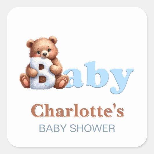 Blauwe Teddybeer Baby Shower Vierkante Sticker (Voorkant)
