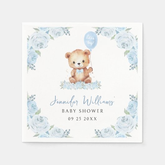 Blauwe teddybeer babydouchepapier servet (Voorkant)