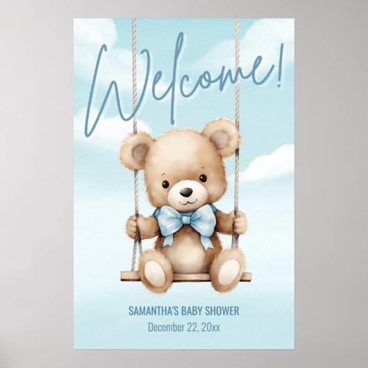 Blauwe Teddybeer Babyshower Poster (Voorkant)