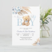 Blauwe teddybeer babyshower uitnodiging (Staand voorkant)