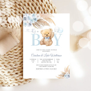 Blauwe teddybeer babyshower uitnodiging