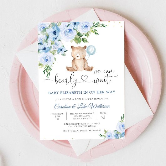 Blauwe teddybeer babyshower uitnodiging