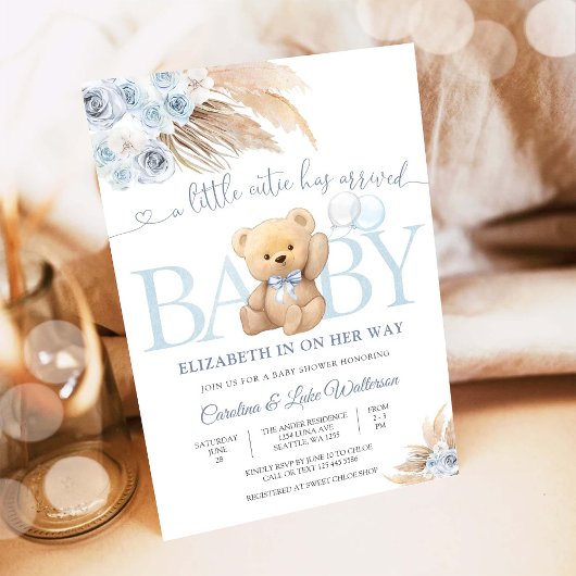 Blauwe teddybeer babyshower uitnodiging