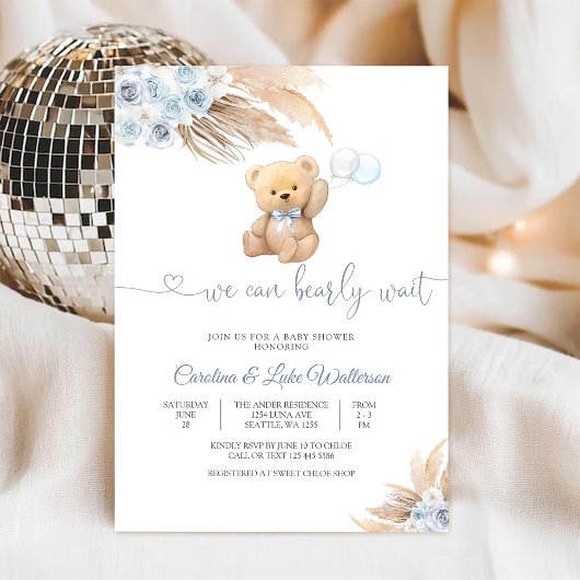 Blauwe teddybeer babyshower uitnodiging
