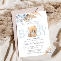 Blauwe teddybeer babyshower uitnodiging