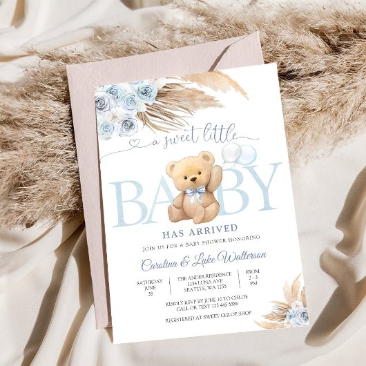 Blauwe teddybeer babyshower uitnodiging
