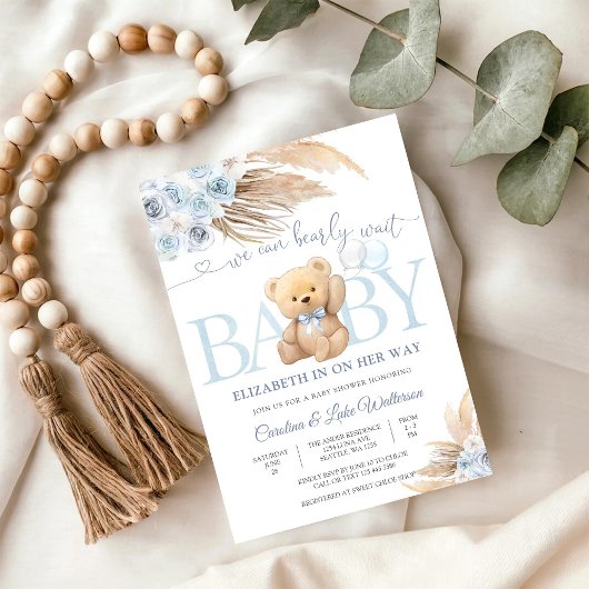 Blauwe teddybeer babyshower uitnodiging