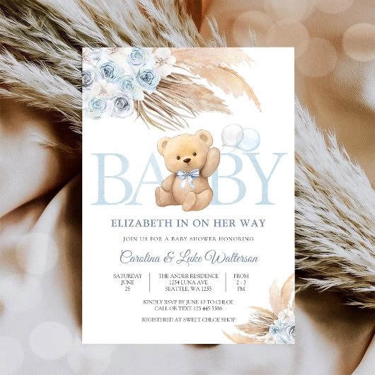 Blauwe teddybeer babyshower uitnodiging