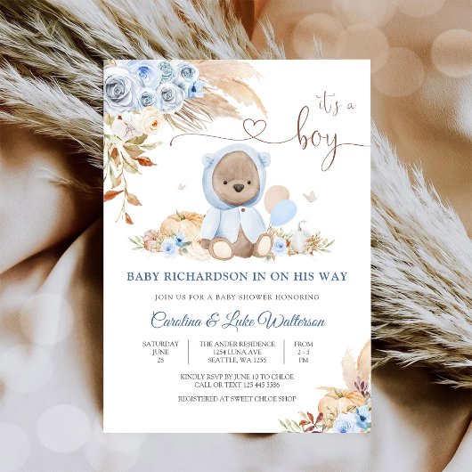 Blauwe teddybeer babyshower uitnodiging