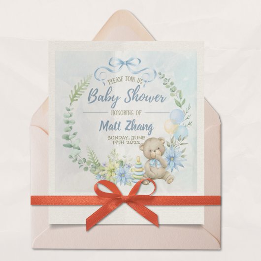 Blauwe teddybeer babyshower uitnodiging