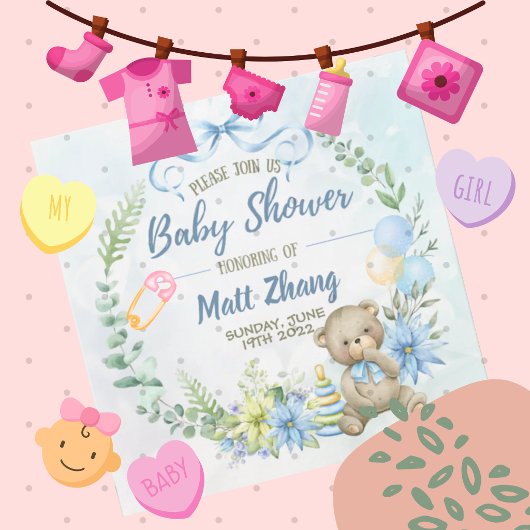 Blauwe teddybeer babyshower uitnodiging