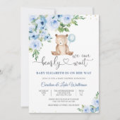 Blauwe teddybeer babyshower uitnodiging (Voorkant)
