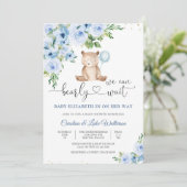 Blauwe teddybeer babyshower uitnodiging (Staand voorkant)